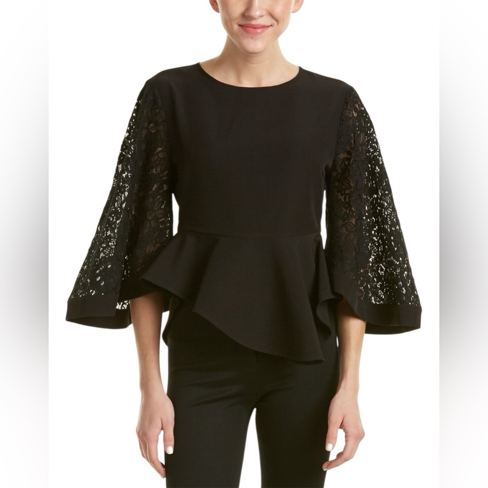 Gracia Elegant Black Lace Sleeve Peplum Top‎ in Large